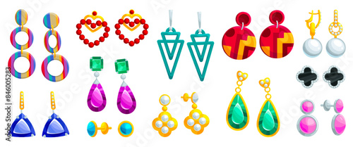 Cartoon gem earrings. Jewelry fashion earring with emerald pearl pendant, gold jewel accessories for women ear isolated shiny luxury accessory set