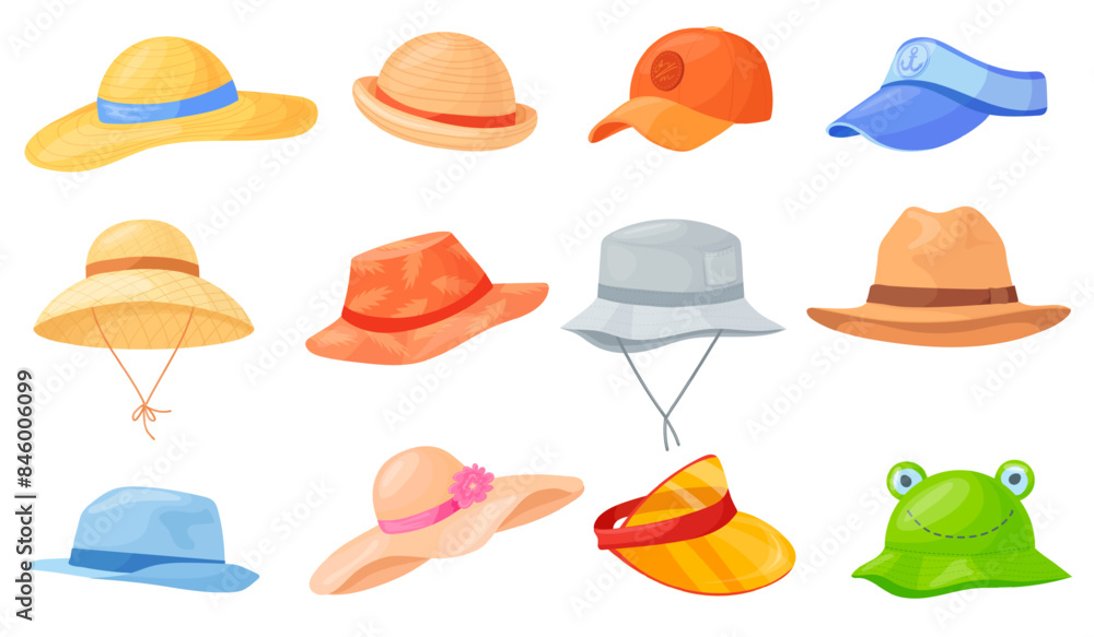 Cartoon summer headgears. Headwear accessories man woman unisex hats types, beach straw hat baseball visor cap panama wear sun vacation holiday, neat caps set vector illustration Cartoon summer headgears. Headwear accessories man woman unisex hats types, beach straw hat baseball visor cap panama wear sun vacation holiday, neat caps set vector illustration
