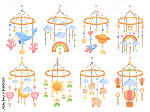 Baby pendants. Newborn mobile hanging toy on crib nursery room decoration, new child birth invitation infant birthday party