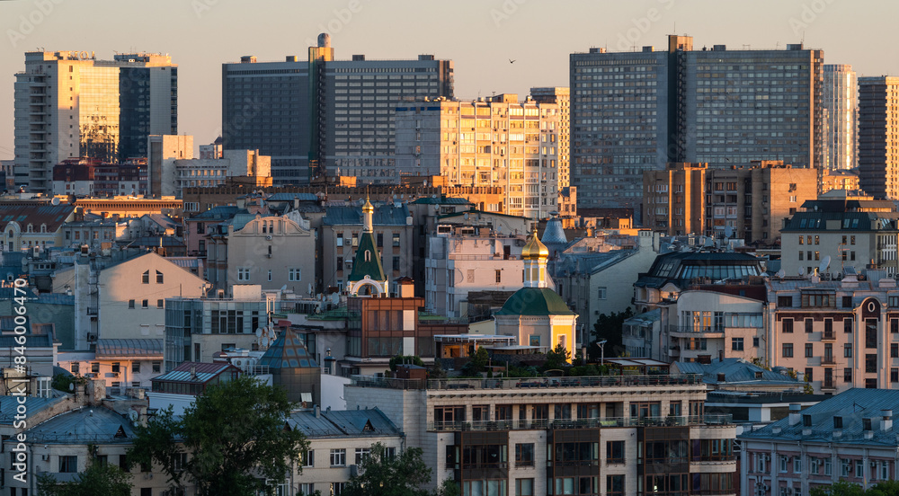 Fototapeta premium View of residential and office buildings in the center of the Russian capital in the early summer morning.