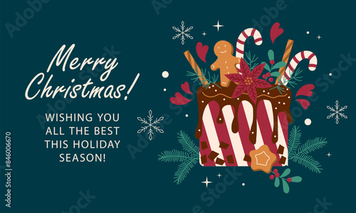 Homemade Christmas cake New Year, bakery, confectionery concept. Christmas, New Year cookie and cake, heart and flower, candy cane and Christmas decoration