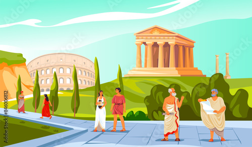 Roman citizen. Greek or ancient rome empire civilization people in toga costume clothes, patrician society historical characters at temple architecture, recent vector illustration