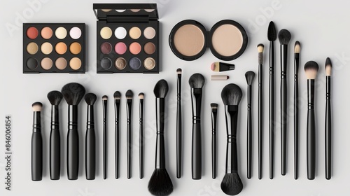 An assortment of professional makeup brushes and tools, comprising a makeup products set.