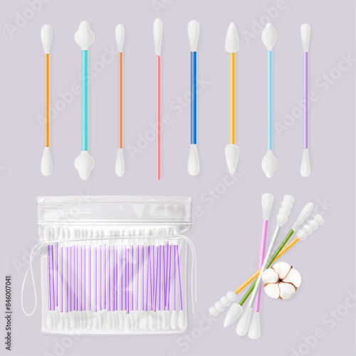 Realistic cotton swabs. Eared sticks cottons bud pack for ear care clean or medical dna test, swabs plastic flexible stick individual hygienic cosmetic, exact vector illustration