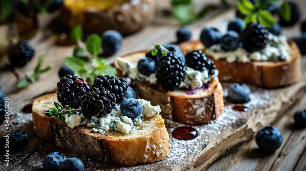 Blue Cheese on Bread, Gorgonzola with Berries and Honey, Bruschetta with Ricotta, Blueberries Blue Cheese on Bread, Gorgonzola with Berries and Honey, Bruschetta with Ricotta, Blueberries
