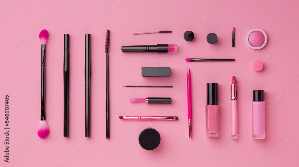 Fashion makeup cosmetic accessories arranged on a pink background, captured from a top-down perspective in a flat lay style. Fashion makeup cosmetic accessories arranged on a pink background, captured from a top-down perspective in a flat lay style.