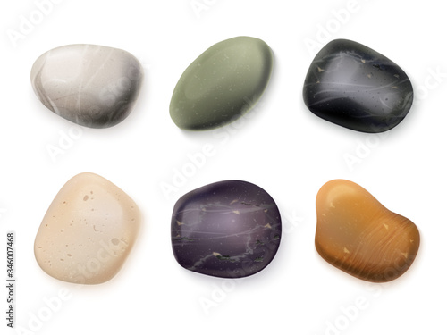 Realistic spa stone. Pebble white smooth rock, beautiful sea river stones marble white gray pebbles for zen meditation massage or garden, mineral