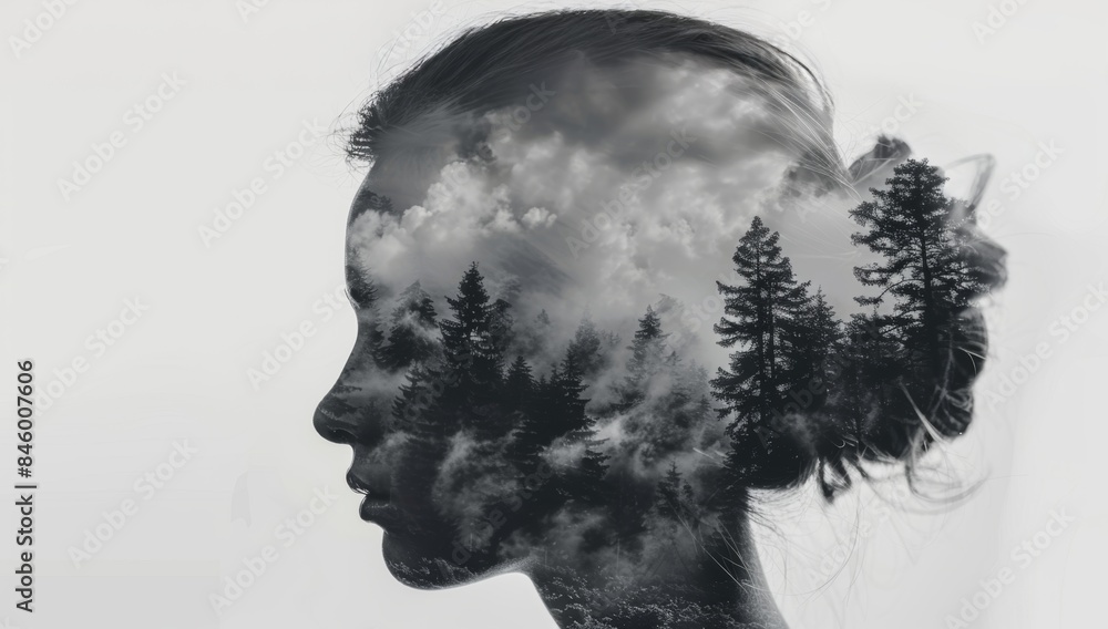 Monochrome double exposure of woman and forest landscape Monochrome double exposure of woman and forest landscape