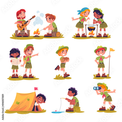 Kids scouts. Child scout cartoon characters, kindergarten kid or school students nature explorations summer camp adventure, children tourist boyscout set classy vector illustration