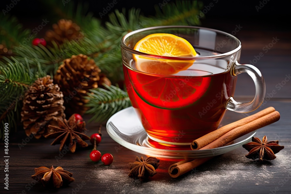 Mulled Wine, Red Winter Drink with Spices, Christmas Tea with Cinnamon, Red Pepper, Anise and Lemon Mulled Wine, Red Winter Drink with Spices, Christmas Tea with Cinnamon, Red Pepper, Anise and Lemon