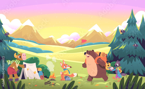Animals forest hiking. Cartoon animal camper characters hike summer camping scene cute bear character nature adventure woodland forests