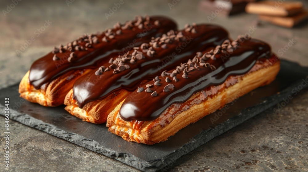 Eclairs filled with rich cream: A display of chocolate Eclairs on a dark platter, topped with glossy chocolate glaze. On slate surface. Eclairs filled with rich cream: A display of chocolate Eclairs on a dark platter, topped with glossy chocolate glaze. On slate surface.