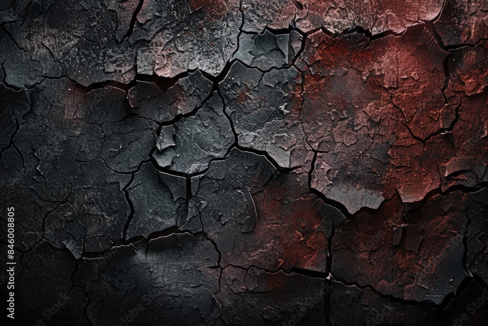 Dark red and black cracked surface forming a network of fissures, creating a textured and abstract background with a sense of age and decay Dark red and black cracked surface forming a network of fissures, creating a textured and abstract background with a sense of age and decay