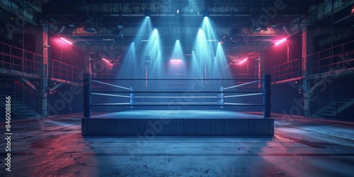 Boxing ring in an illuminated arena