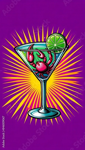 Vertical pop art style image of a martini glass with a detailed crab claw and a lime slice on the rim, set against a bright purple starburst background.
