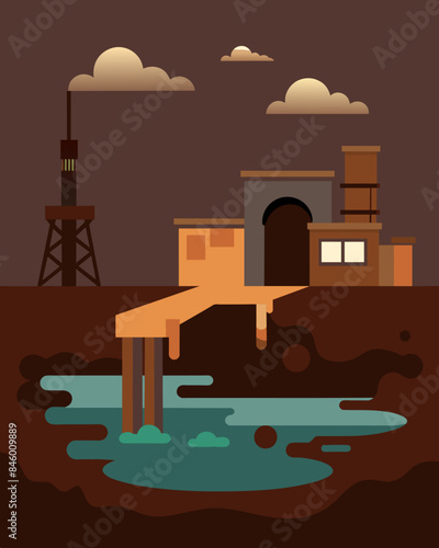 The water is a dark murky brown evidence of the reservoirs overfilling with industrial waste.. Vector illustration