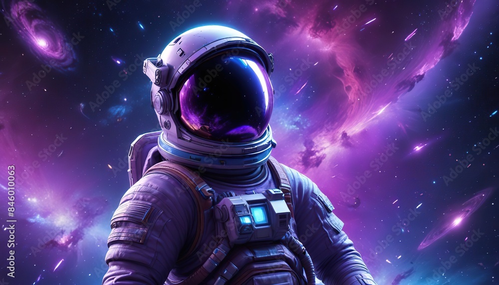 Astronaut in space with stars, a galaxy, a purple and blue nebula, and galaxies reflected in his helmet Astronaut in space with stars, a galaxy, a purple and blue nebula, and galaxies reflected in his helmet