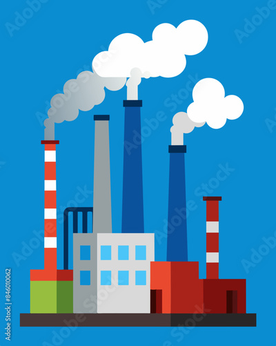 Smoke from factory chimneys billowing into the air a stark contrast against the clear blue sky.. Vector illustration