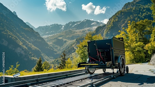 A black electric lift vehicle specialized for people with disabilities, with an empty wheelchair on a ramp and nature with mountains in the background photo