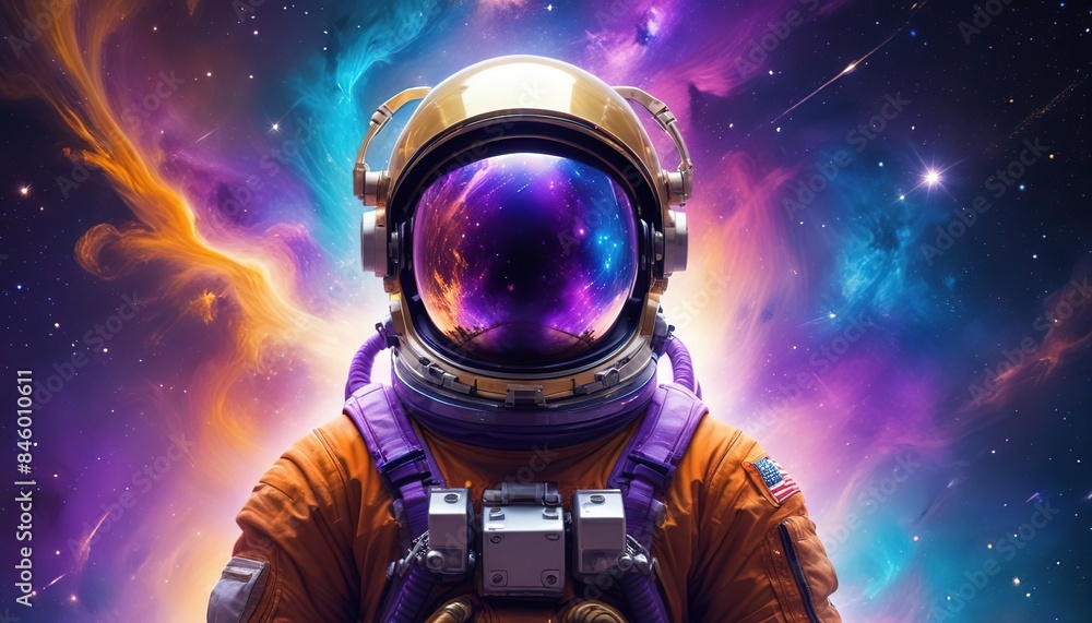 Astronaut in space with stars, a galaxy, a purple and blue nebula, and galaxies reflected in his helmet Astronaut in space with stars, a galaxy, a purple and blue nebula, and galaxies reflected in his helmet