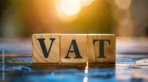 VAT Spelled Out on Wooden Blocks. Tax, Finance, Business, and Economy Concept. photo