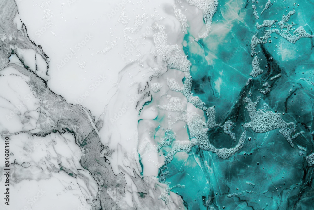 Obraz premium Swirling turquoise and white paint create a vibrant, modern design with bubbles for depth. Perfect for adding luxury to any project