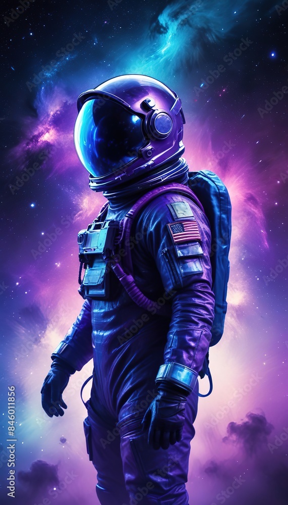 Fototapeta premium Astronaut in space with stars, a galaxy, a purple and blue nebula, and galaxies reflected in his helmet