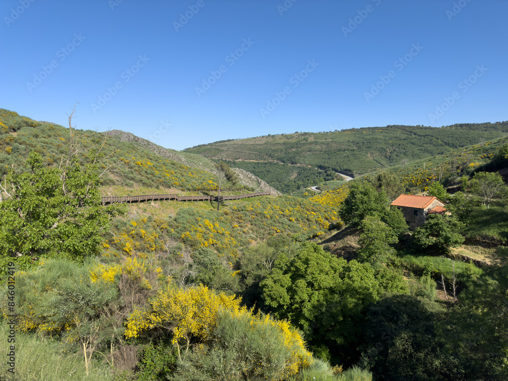 Obraz premium Serene countryside with a stone house amidst lush greenery under a clear blue sky