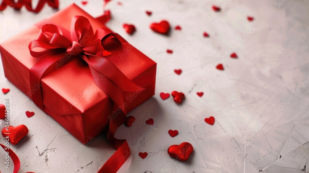 Valentine s Day Red Gift Box with Ribbon and Hearts on a Light Background Valentine s Day Red Gift Box with Ribbon and Hearts on a Light Background