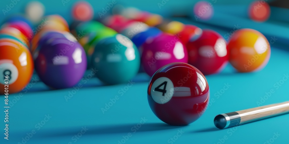 Set of billiard balls and cue sticks on a wooden surface Set of billiard balls and cue sticks on a wooden surface