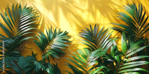 Tropical palm leaves casting shadows on yellow wall