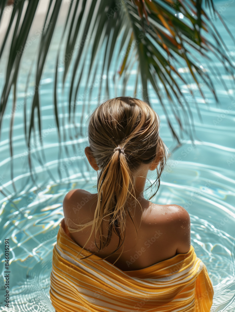 back view portrait of a little girl in the water by the pool, beach towel, palm tree shadow, summer back view portrait of a little girl in the water by the pool, beach towel, palm tree shadow, summer