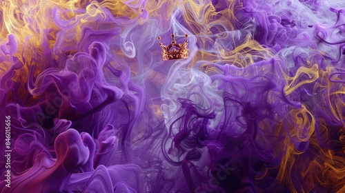 Fototapeta Naklejka Na Ścianę i Meble -  A chaotic mix of purple and gold smoke, featuring a 3D crown floating majestically amidst the swirls