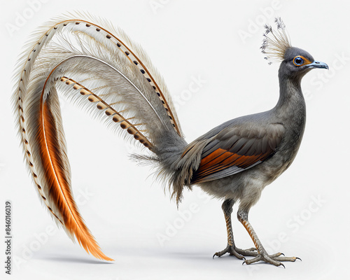 A lyrebird with elaborate, curved tail feathers and a crown-like crest. Its unique feather pattern and intricate details are captured against a clean, white background.