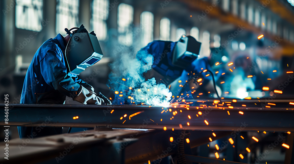 Welders working in an industrial workshop with flying sparks, showcasing teamwork and intense craftsmanship Welders working in an industrial workshop with flying sparks, showcasing teamwork and intense craftsmanship