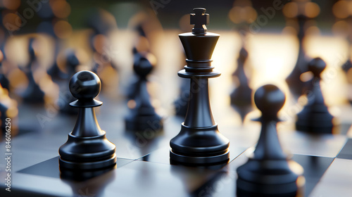 Close-up of chess pieces in a strategic position on a chessboard, highlighting the king piece in focus