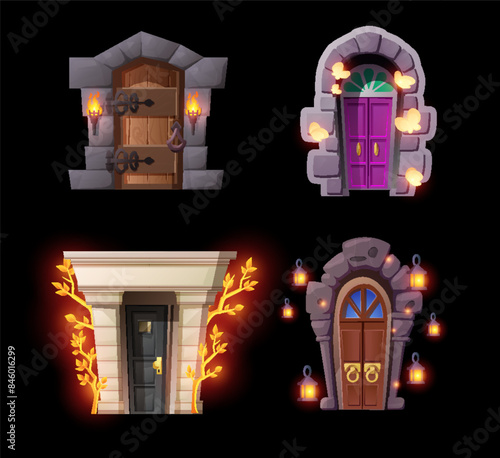 Front doors with windows and forged metal hinges game asset set.
