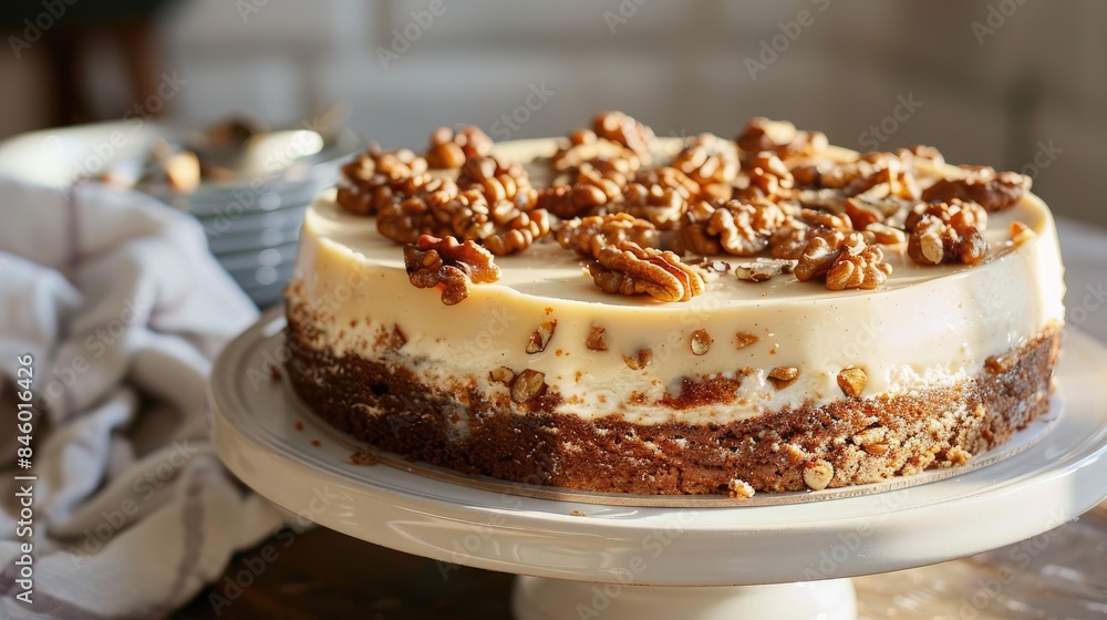 Cake made with walnuts displayed on a white serving dish Cake made with walnuts displayed on a white serving dish