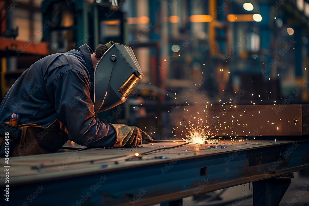 Welder working in a factory, surrounded by sparks, showcasing intense focus and industrial craftsmanship Welder working in a factory, surrounded by sparks, showcasing intense focus and industrial craftsmanship