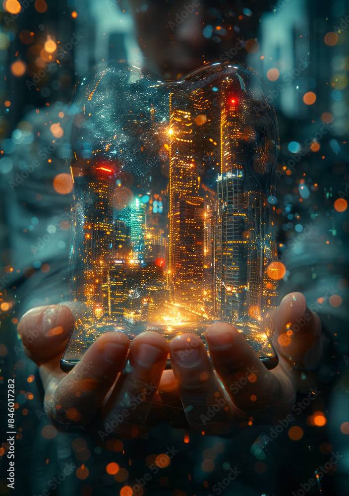 a person holding a cell phone with building and city on it, in the style of futuristic digital art,generative ai a person holding a cell phone with building and city on it, in the style of futuristic digital art,generative ai