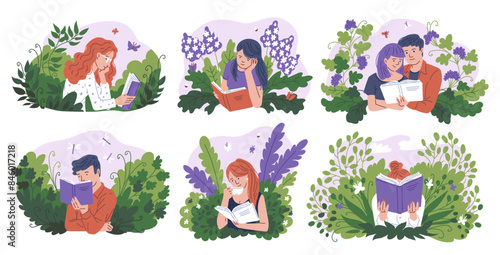 Young people reading a book with enjoy and great interest, cartoon booklover characters vector set isolated with flora