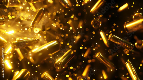 High-speed photograph of flying bullet casings with bright sparks, capturing dynamic motion and energy