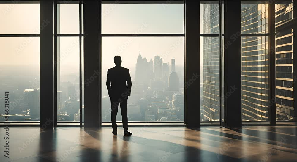 A silhouette of a businessman standing in front of a window looking out into the cityscape 4k A silhouette of a businessman standing in front of a window looking out into the cityscape 4k
