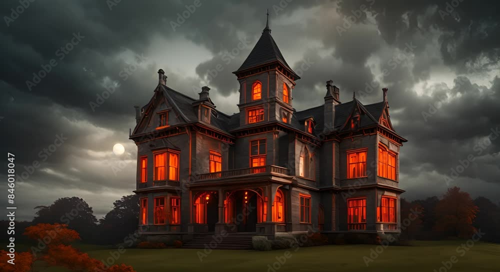 A spooky Halloween themed manor with glowing orange windows set against a dark and stormy sky The eerie atmosphere and gothic architecture make it perfect for a haunted night 4k A spooky Halloween themed manor with glowing orange windows set against a dark and stormy sky The eerie atmosphere and gothic architecture make it perfect for a haunted night 4k