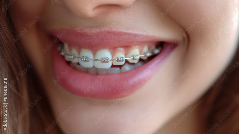 Fototapeta premium Close-Up Of Natural Lips Smiling With Shiny Metal Braces And Gleaming White Teeth