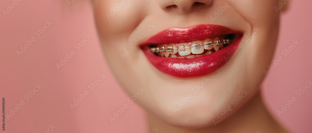 Close-Up Of Bright Red Lips Smiling With Shiny Metal Braces And White Teeth Close-Up Of Bright Red Lips Smiling With Shiny Metal Braces And White Teeth