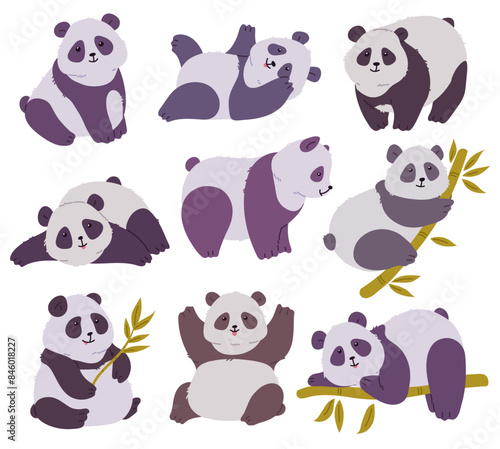 Cute panda in different poses, standing on paws, lying, crawling on bamboo tree vector cartoon set, funny Asian bear