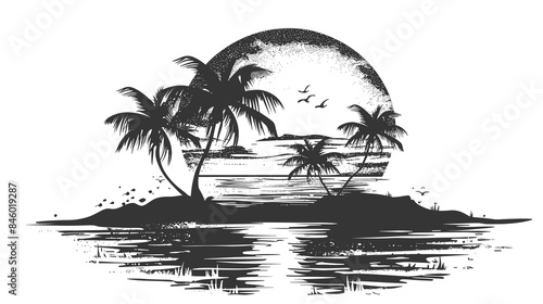 Tropical island with palm trees and sunset. Black and white vector illustration.