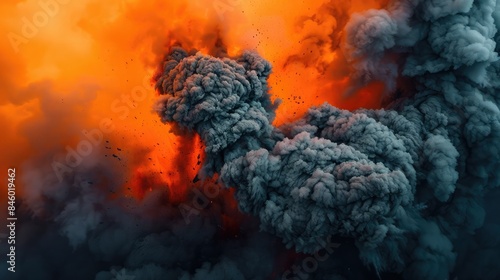 A fierce clash of orange and charcoal grey smoke, reminiscent of a volcanic eruption
