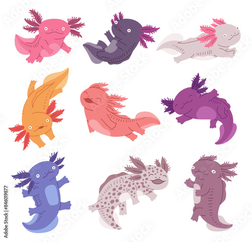 Cute Kawaii axolotl characters set for kids prints vector illustration isolated.